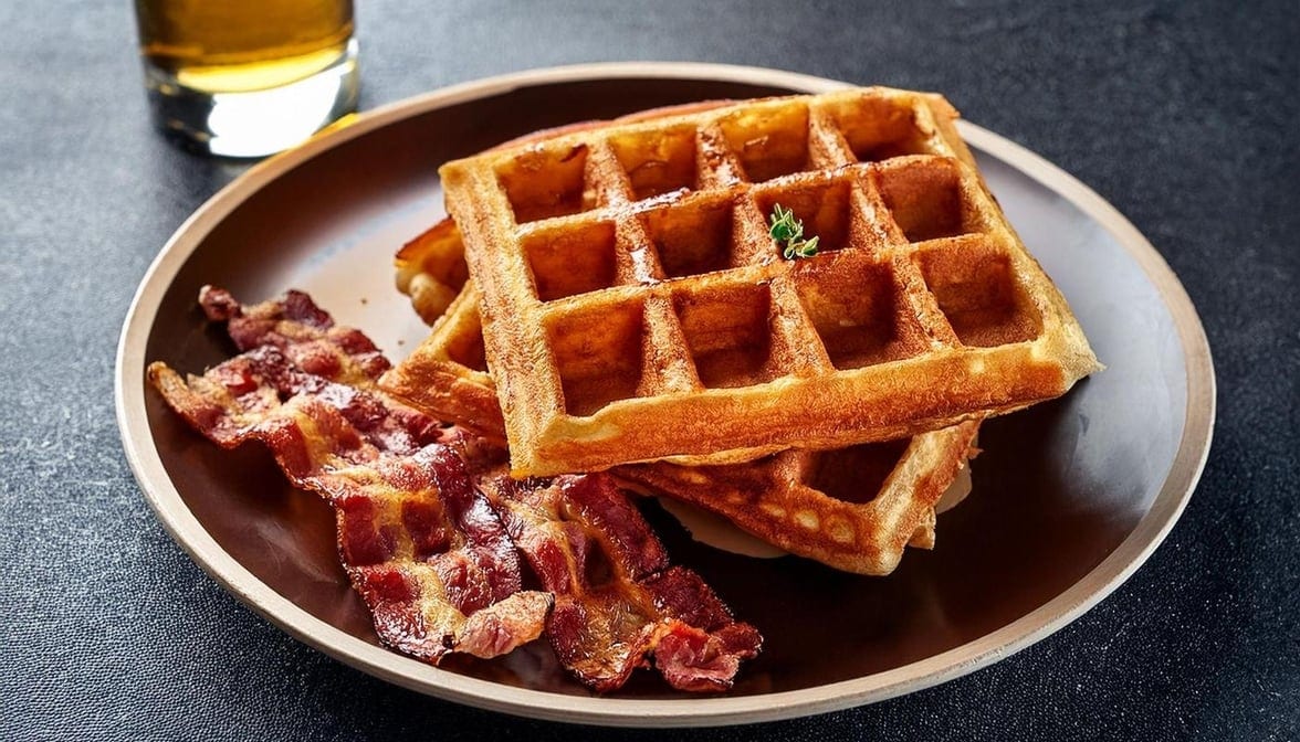 Golden Brown Belgian Waffles with Meat.