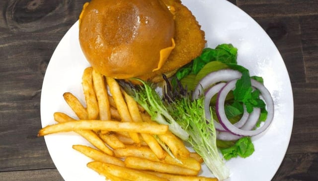 Vegan Chicken Sandwich w/ French Fries.